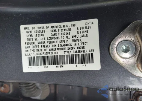 2015 Honda Accord Lx из США, поврежденный, VIN 1HGCR2F37FA080031